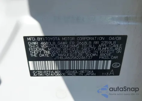 2008 Lexus Es 350 из США, поврежденный, VIN JTHBJ46G582246137